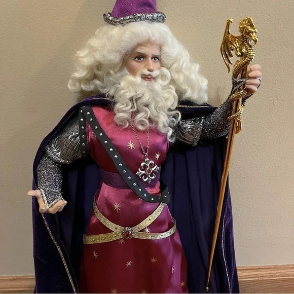 Franklin Mint Merlin Magician Wizard Camelot Series Porcelain Doll Hat Staff - Picture 5 of 12